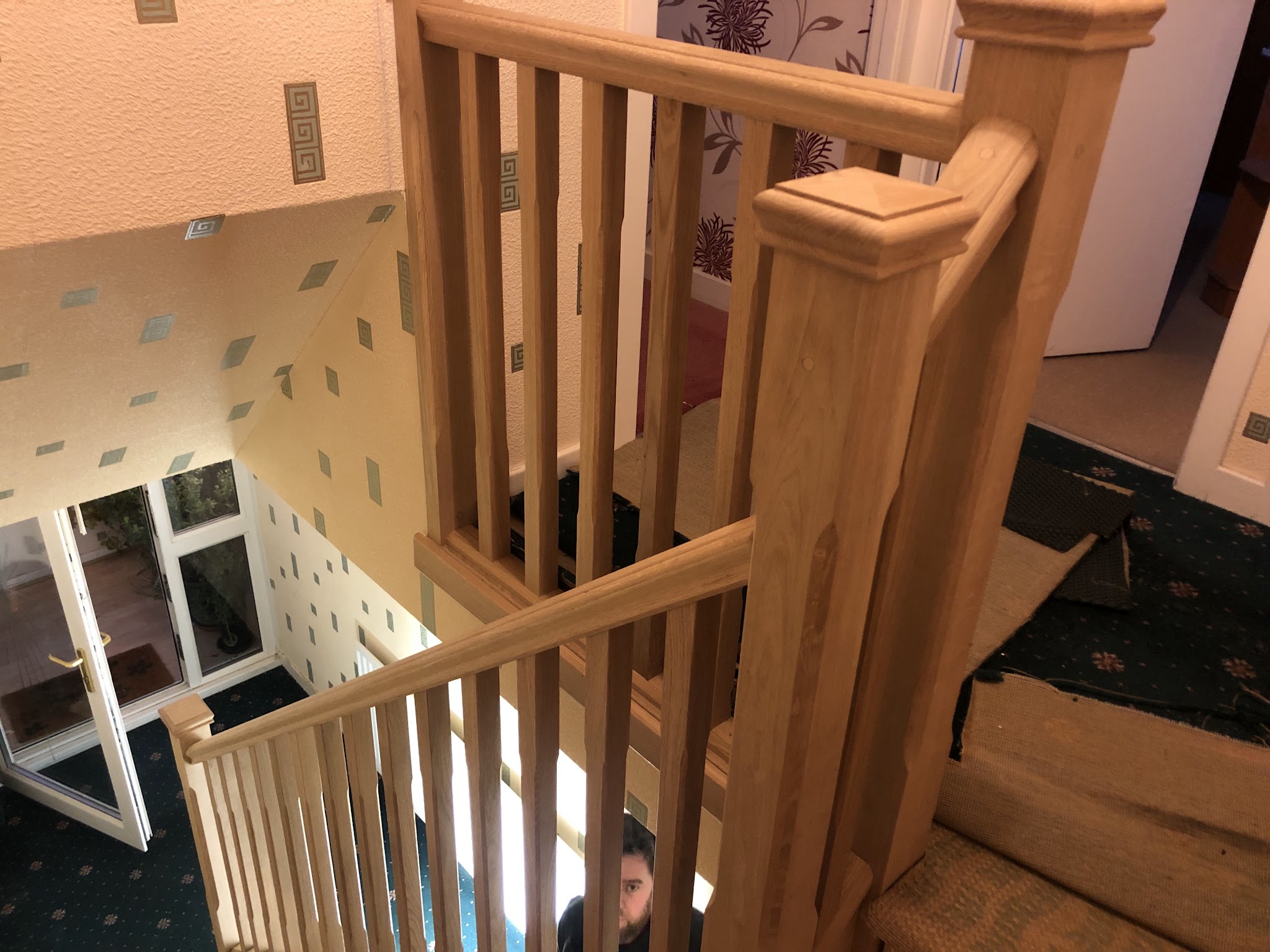 An oak staircase with turned spindles